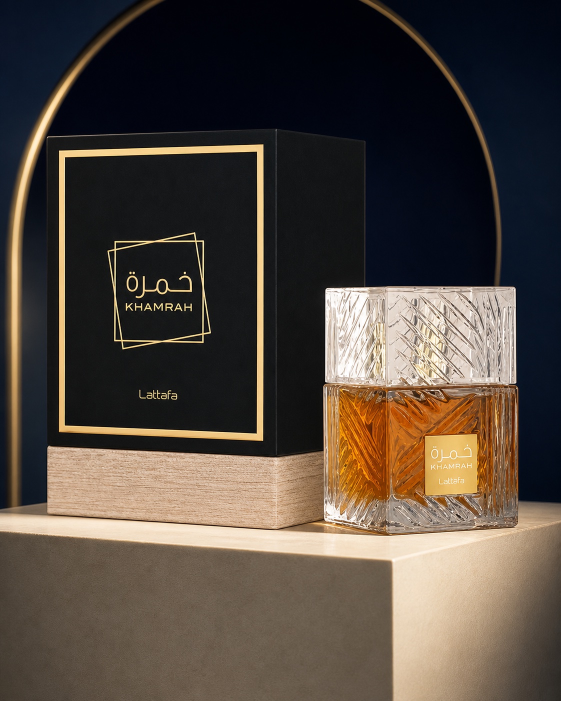 Perfume árabe Khamrah com frasco e caixa